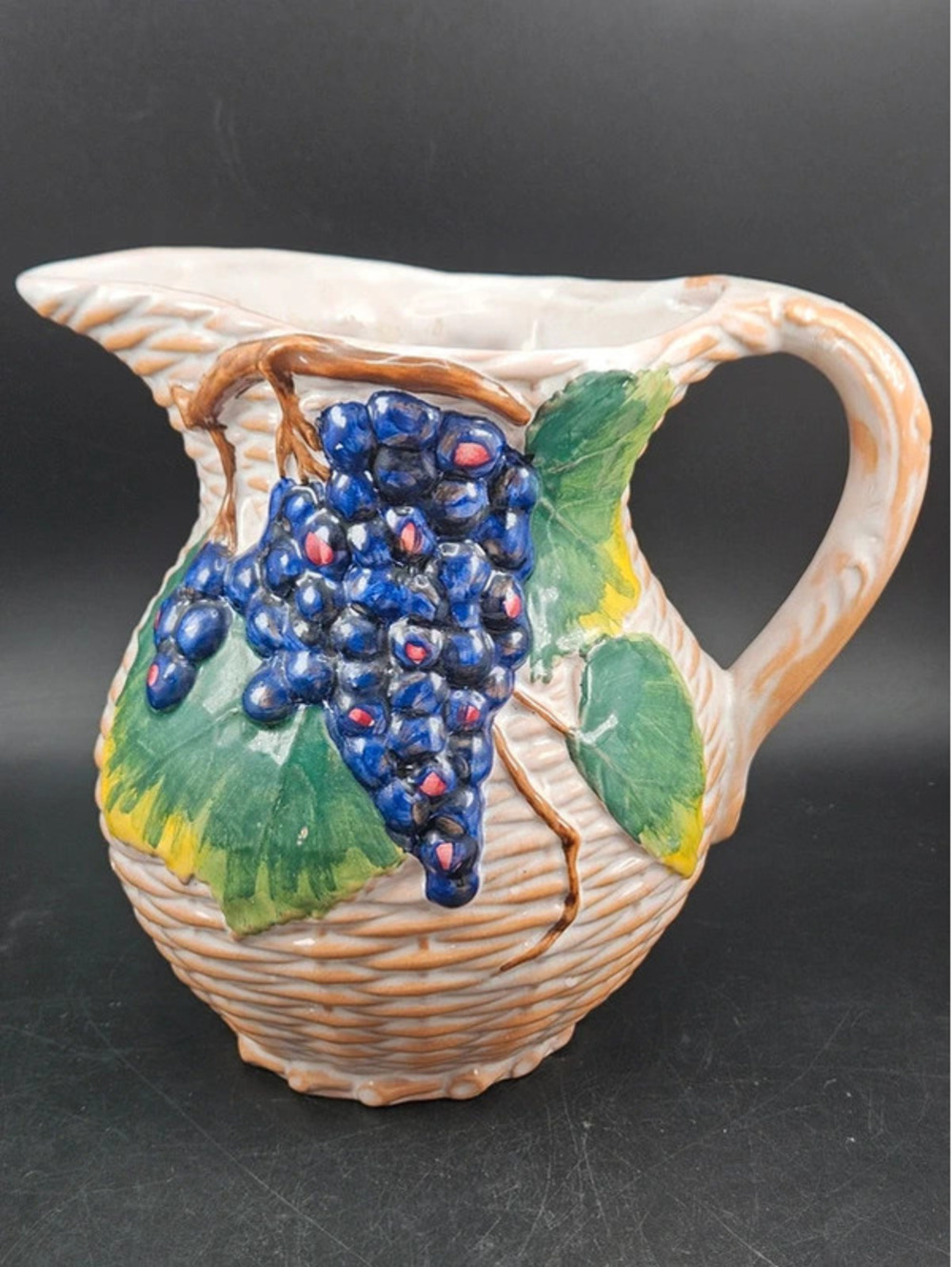 Vintage Italian Majolica Grapes Pitcher Basketweave 6210 Italy